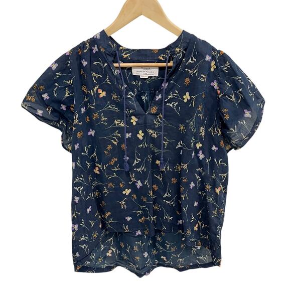 Trovata Birds of Paradise Blue Floral Short Sleeve Blouse Women's Medium Tassel - Picture 1 of 7